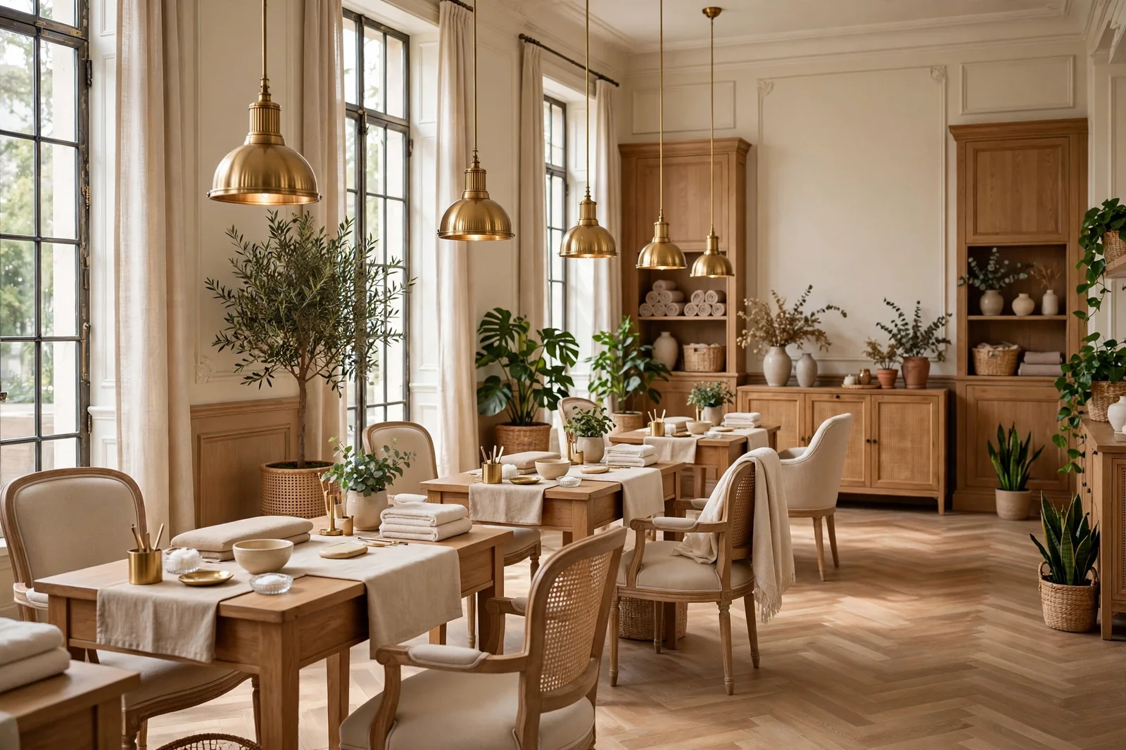 Elegant nail salon interior with neutral tones, wooden furniture and soft lighting