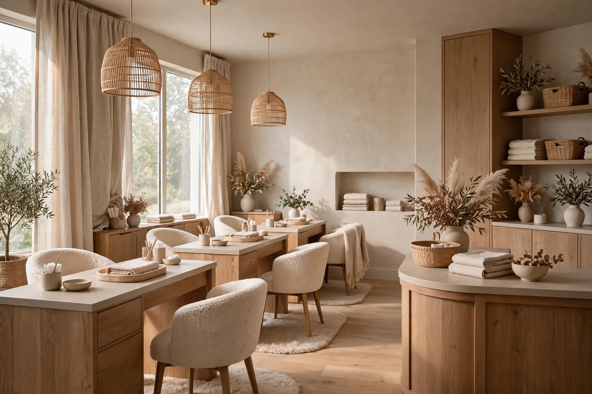 Nail salon interior with soft neutral walls and warm textured seating