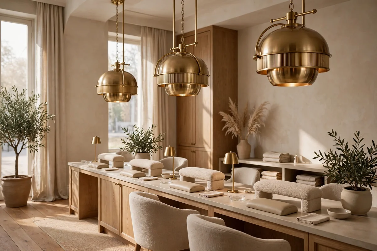 Elegant pendant lights hanging above nail salon workstations