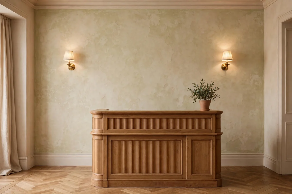 Nail salon reception with textured limewash feature wall