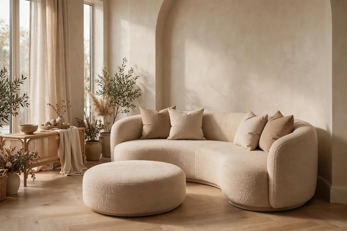Curved boucle chairs and round ottomans in a salon waiting area