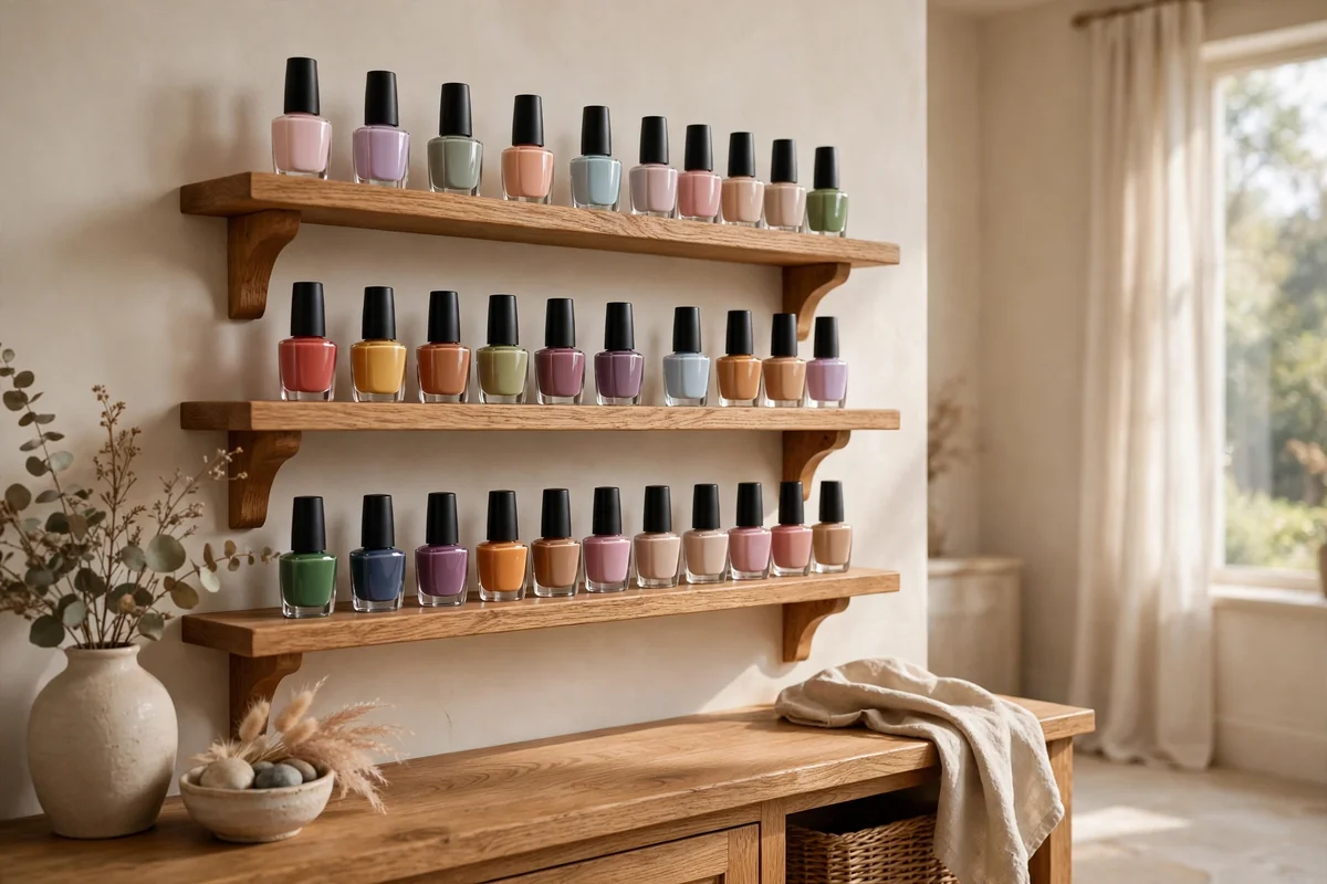 Nail polish bottles arranged by color on open wooden shelves