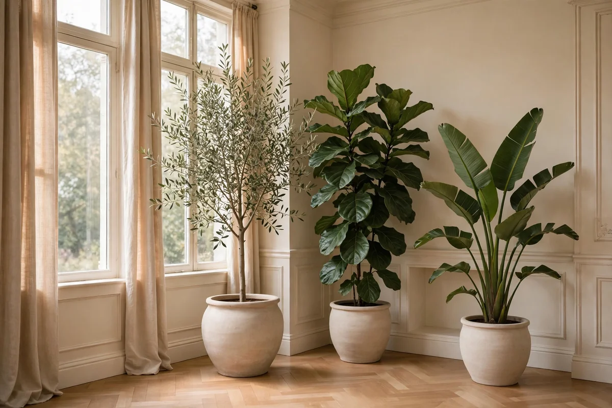 Large olive tree and fiddle leaf fig in a bright nail salon