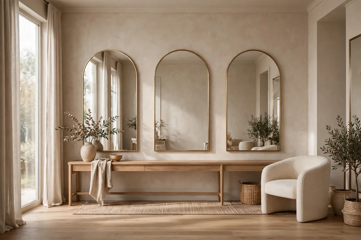 Tall arched mirror with brass frame in a nail salon