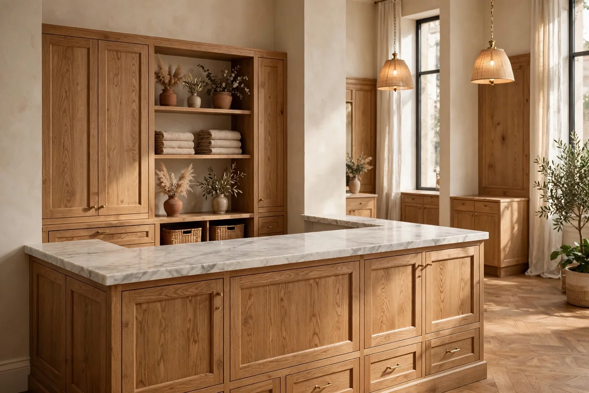 Marble topped manicure table paired with warm oak cabinetry