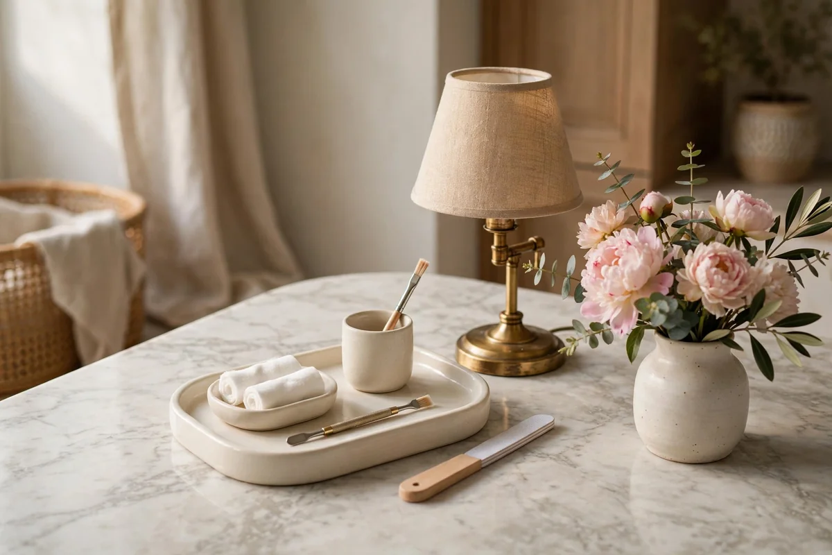 Manicure station with matching ceramic trays and coordinated accessories
