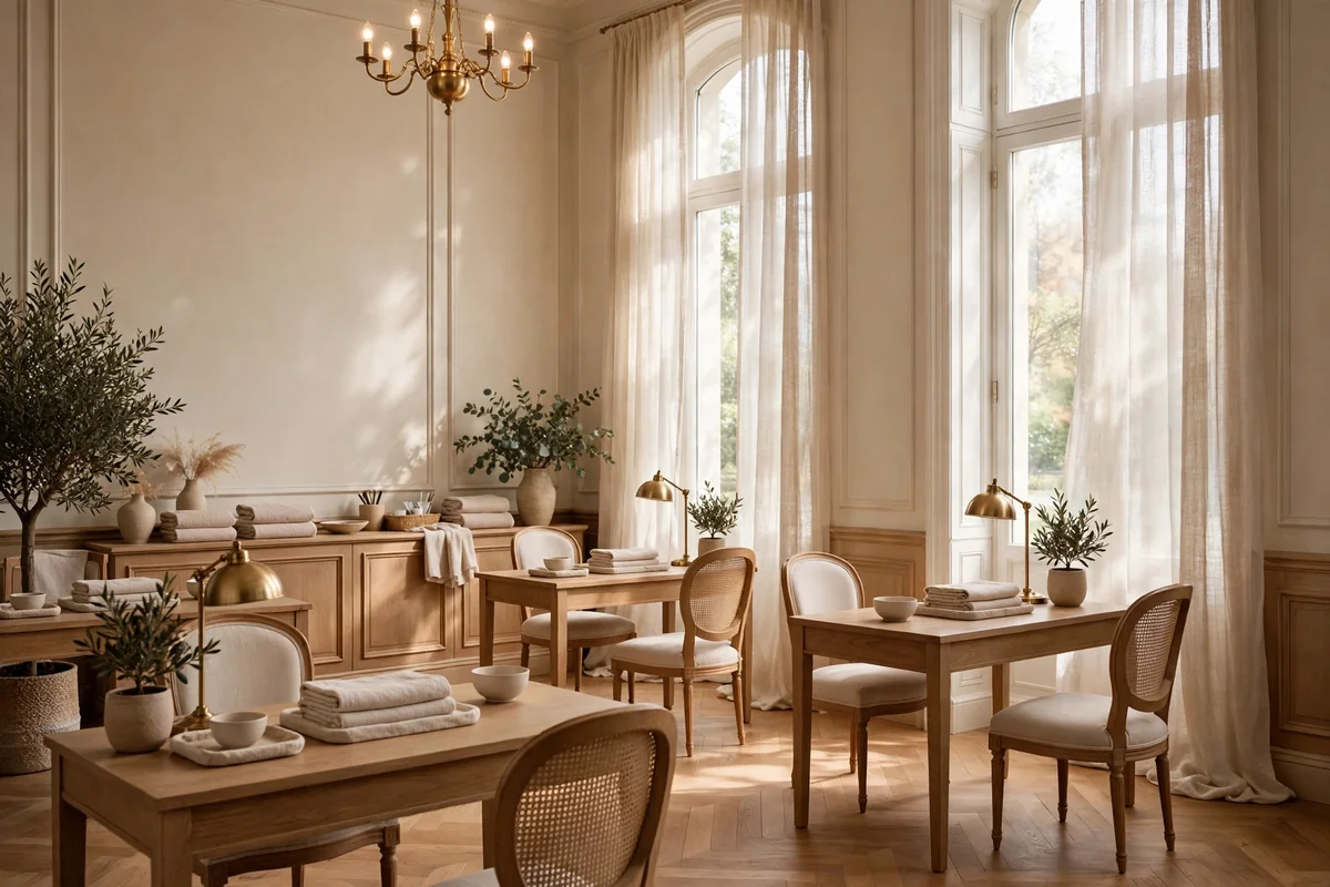 Sheer linen curtains diffusing daylight in a nail salon