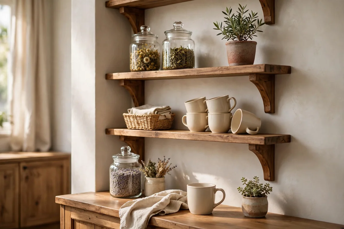 Salon beverage station with wooden shelves, glass jars and ceramic mugs