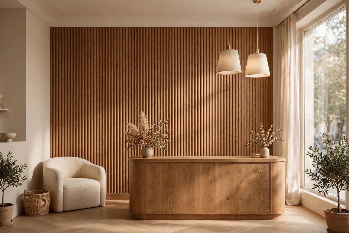 Fluted oak wood panels behind a salon reception counter