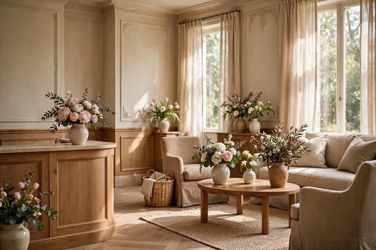 Fresh flower arrangements on salon reception and side tables