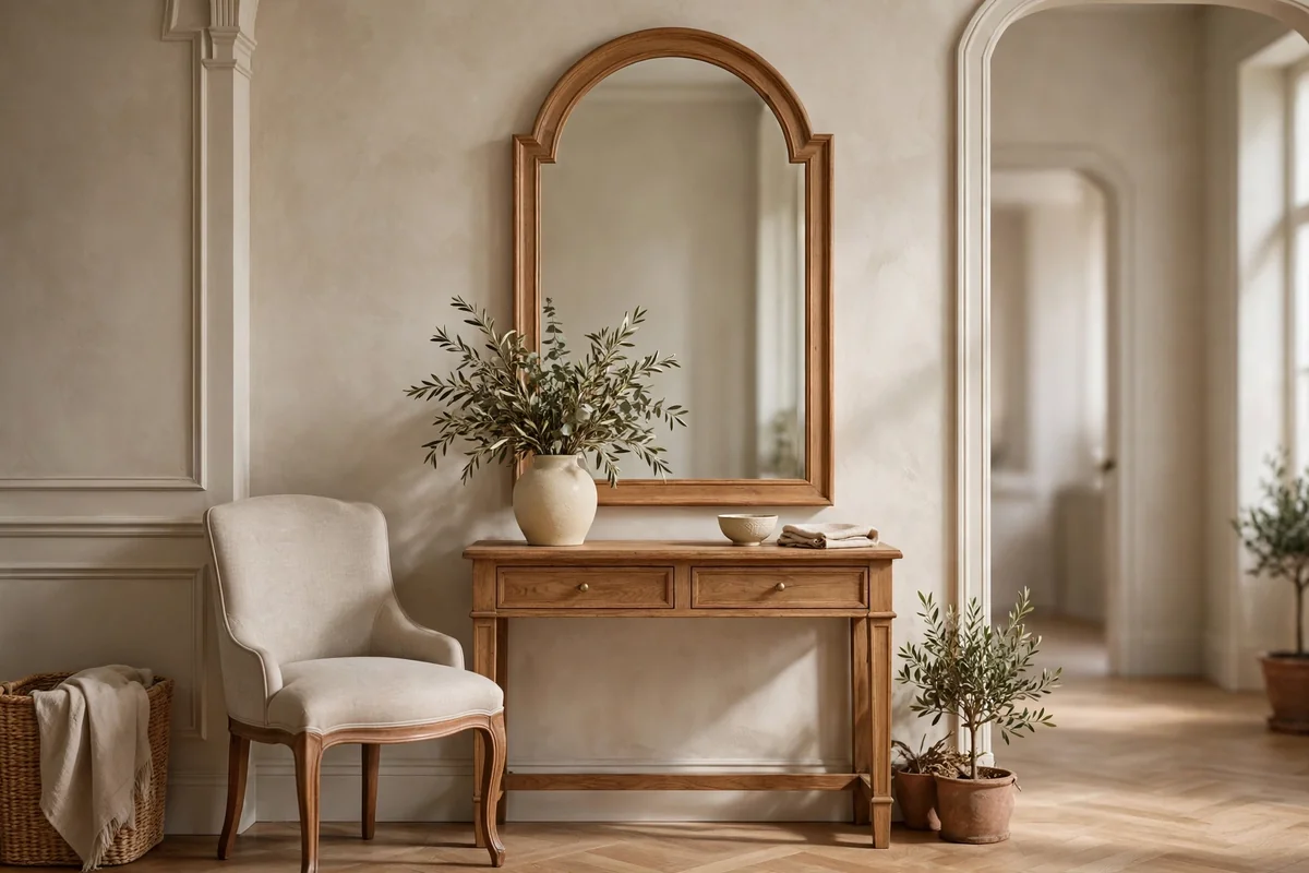 Salon entry vignette with textured wall, armchair and arched mirror