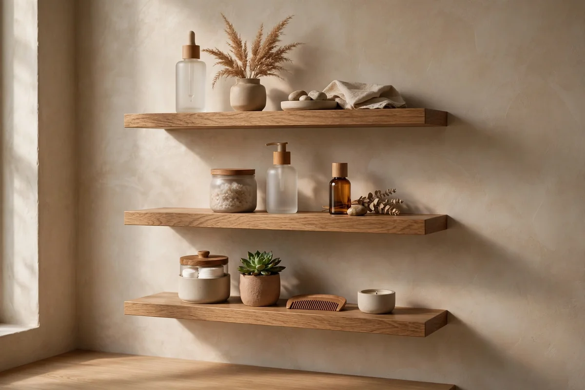Floating oak shelves displaying salon retail products
