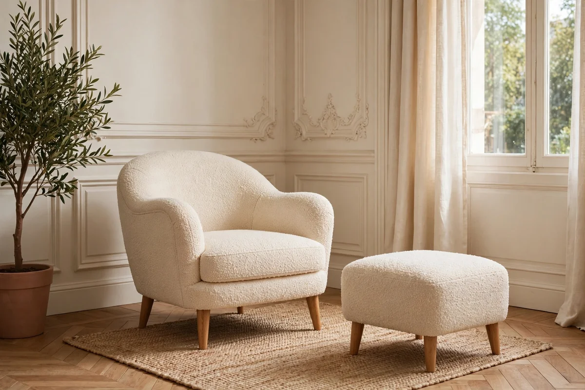 Ivory boucle armchair and ottoman in a serene salon corner