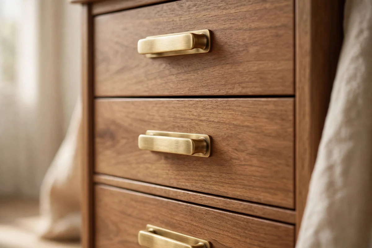 Brushed brass cabinet pulls and fixtures in a salon