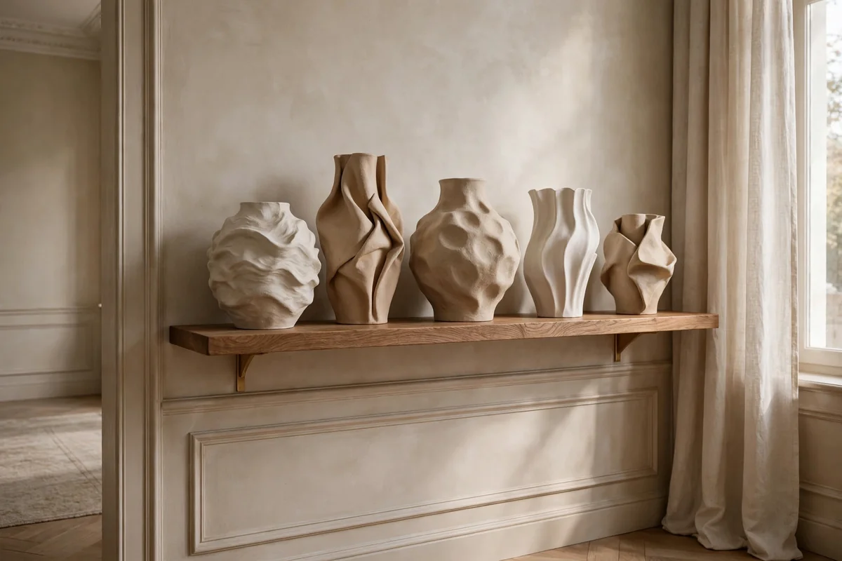 Handmade ceramic vases and bowls on salon shelving