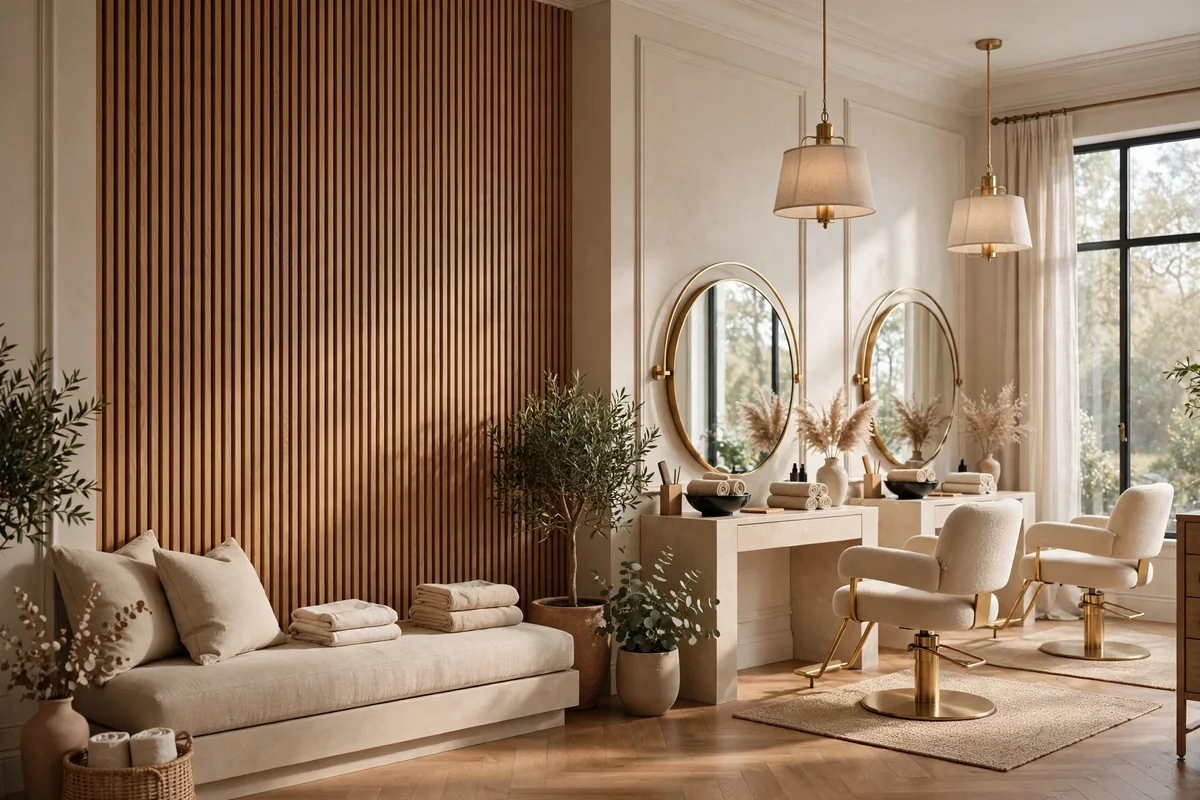 Vertical wood slat wall in warm walnut behind salon seating