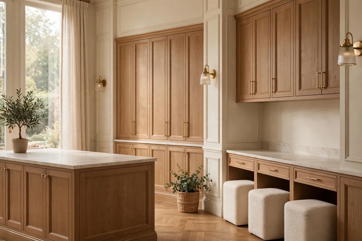 Closed oak cabinets concealing salon supplies and tools