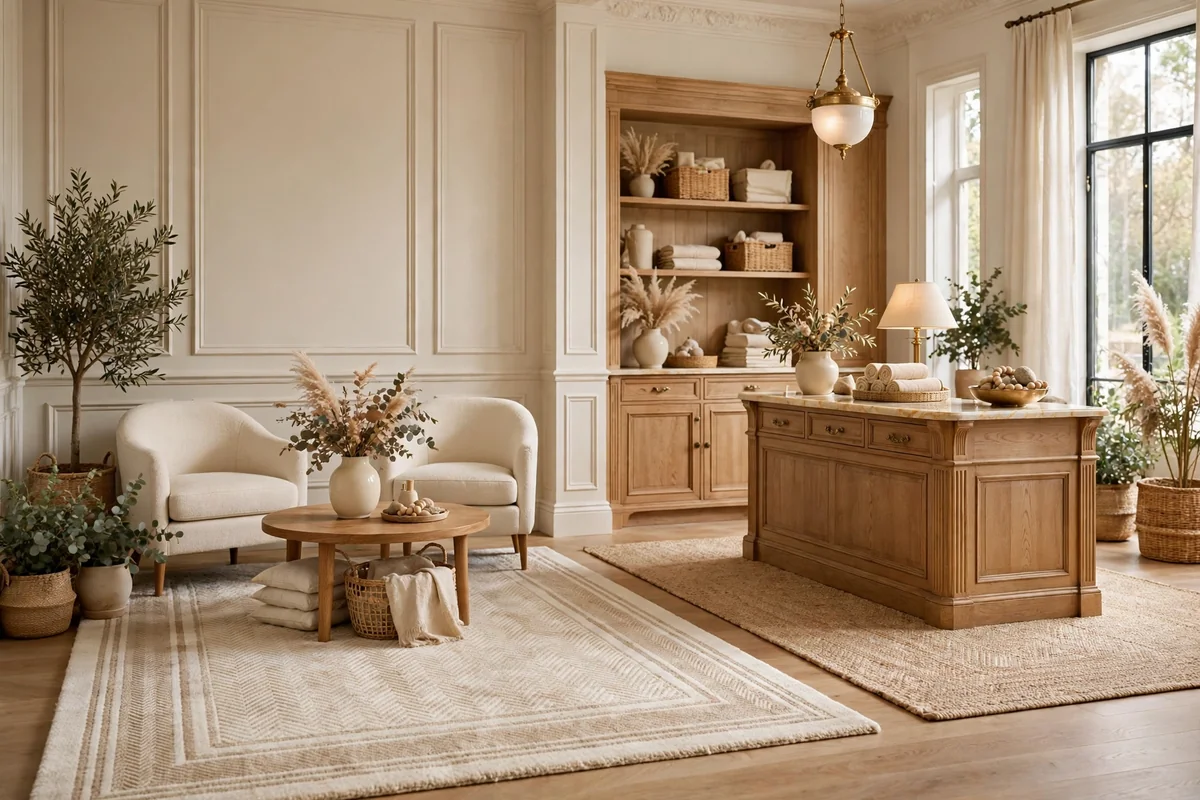 Textured cream area rug under salon waiting chairs