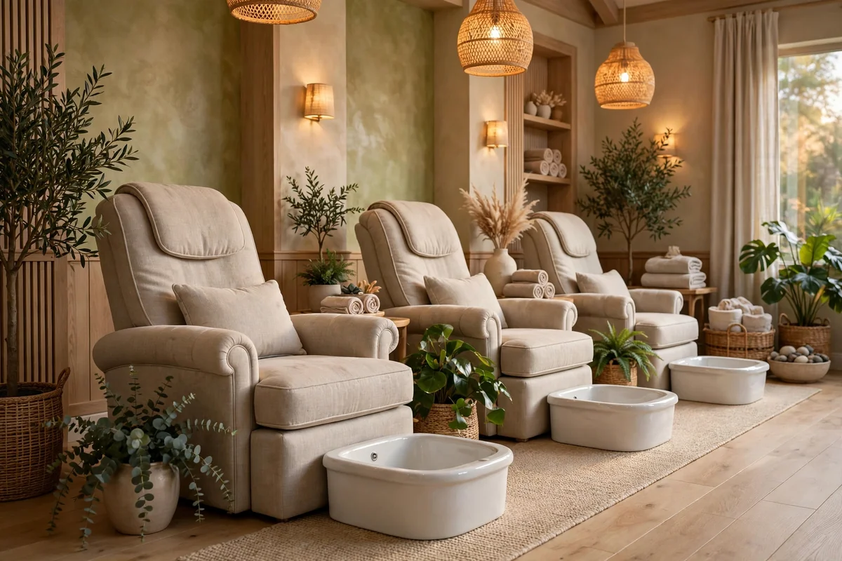 Pedicure lounge with spaced chairs, cushions and warm lighting