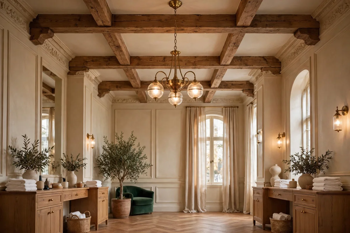 Salon ceiling with subtle wood beams and elegant pendant lighting