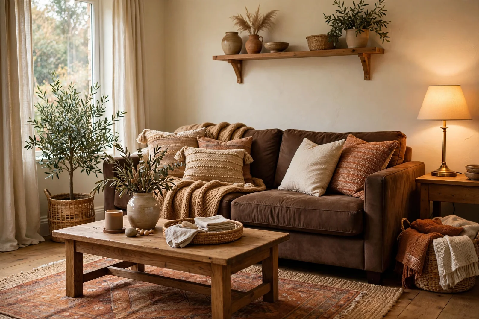 Living room with a chocolate brown couch, cream walls and layered warm textiles