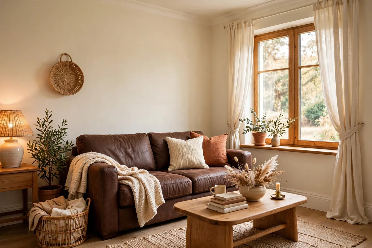 Chocolate brown couch with cream walls