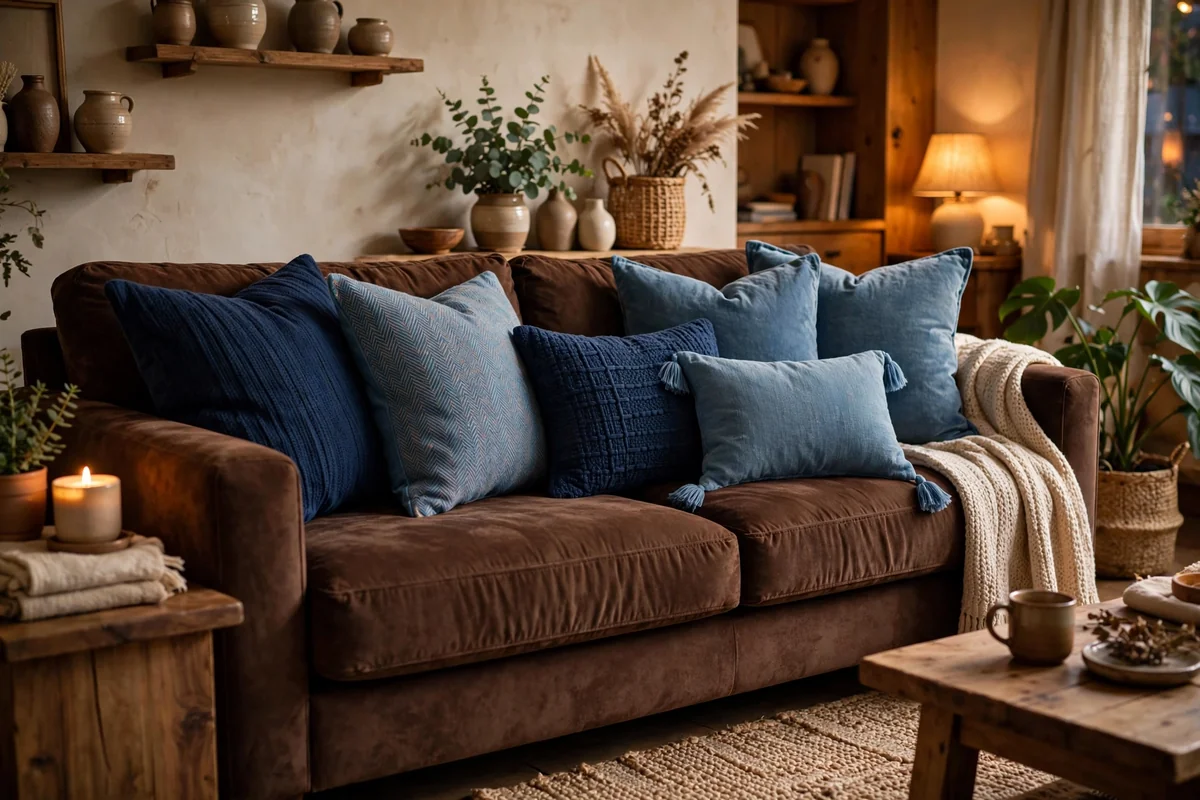 Blue accent pillows on chocolate brown couch