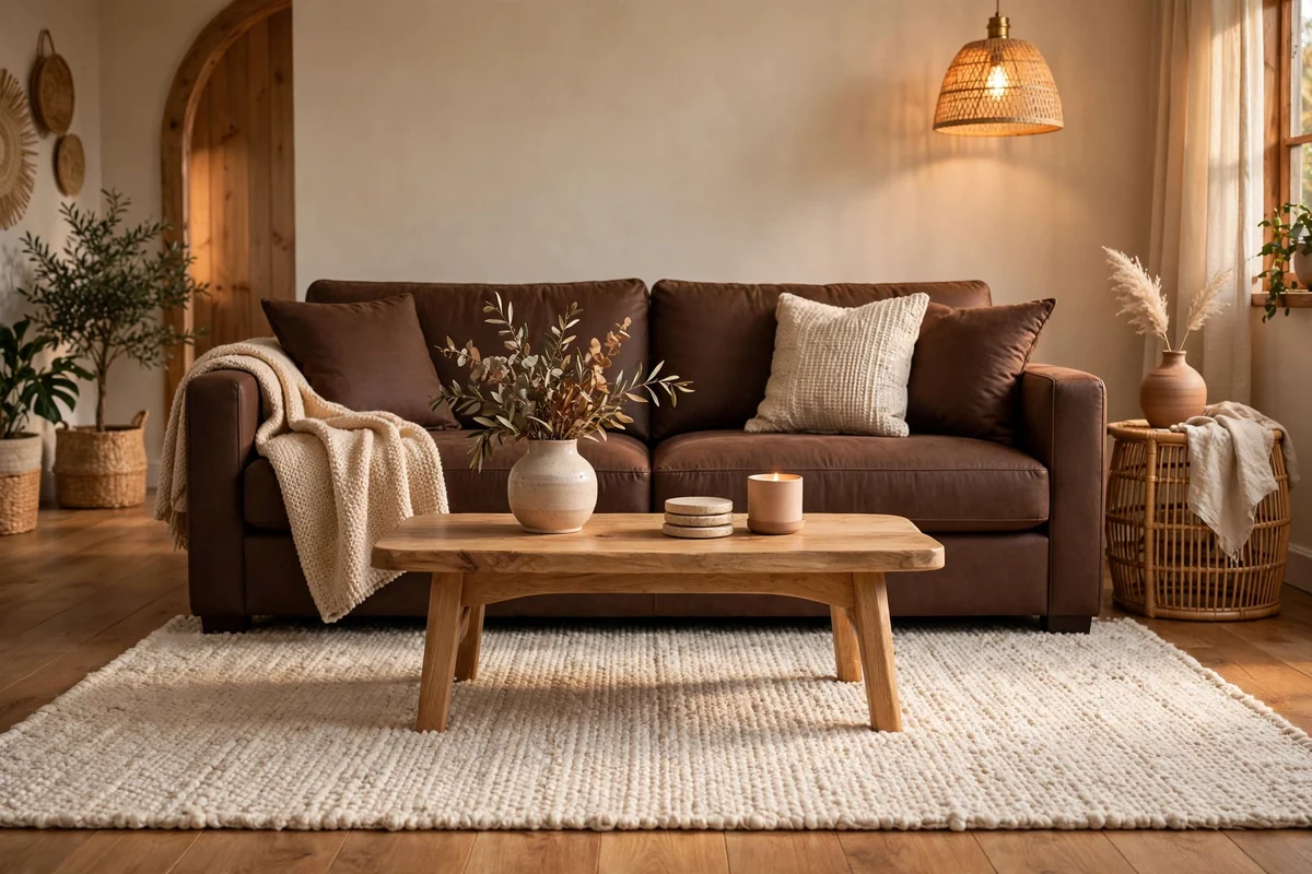 Light textured rug under chocolate brown couch