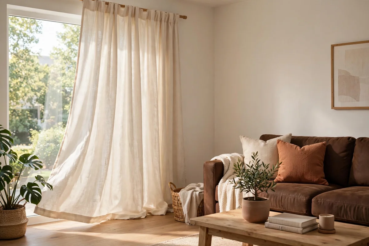 Soft linen curtains with chocolate brown couch