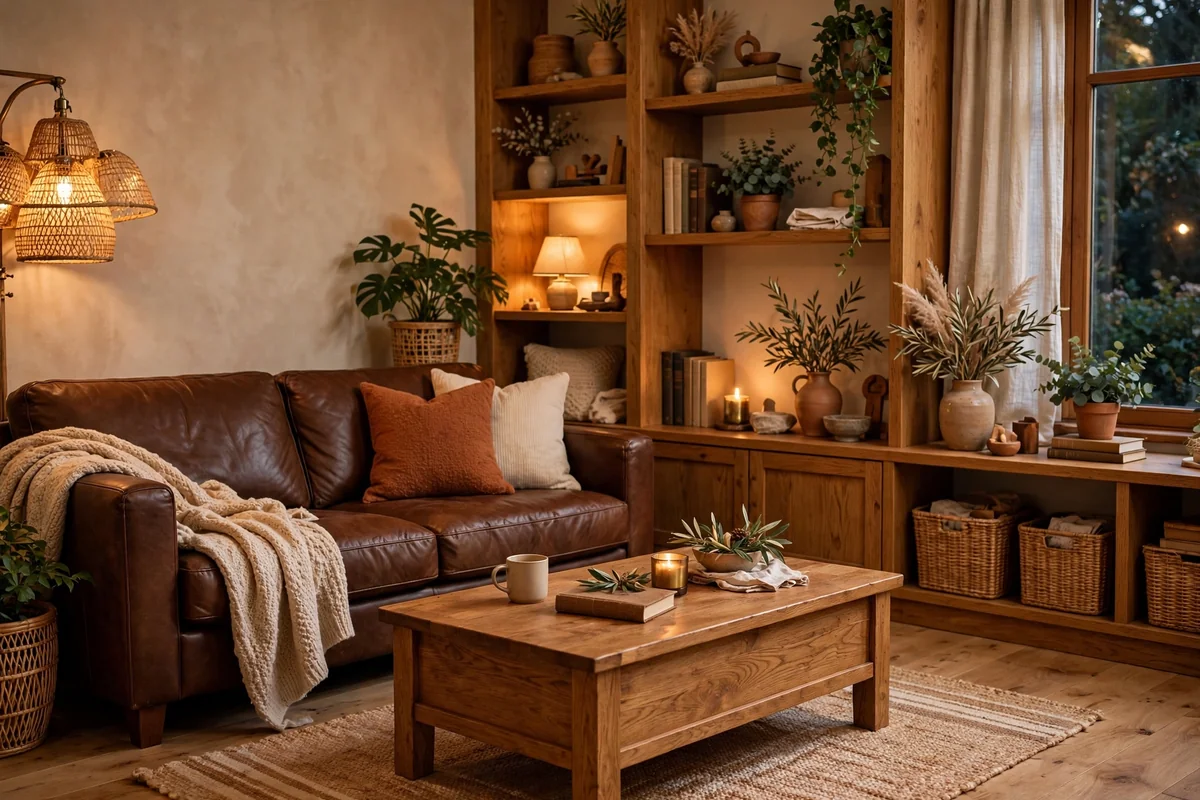 Warm wood tones with chocolate brown couch