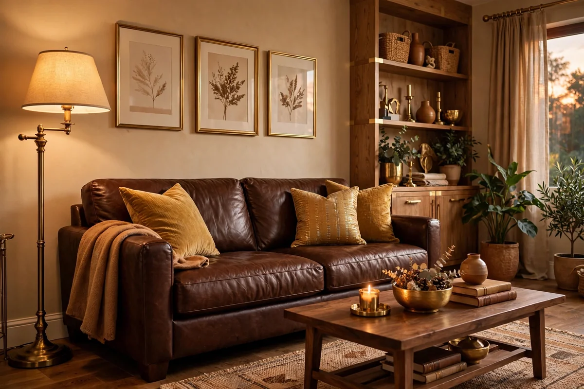 Brass accents with chocolate brown couch