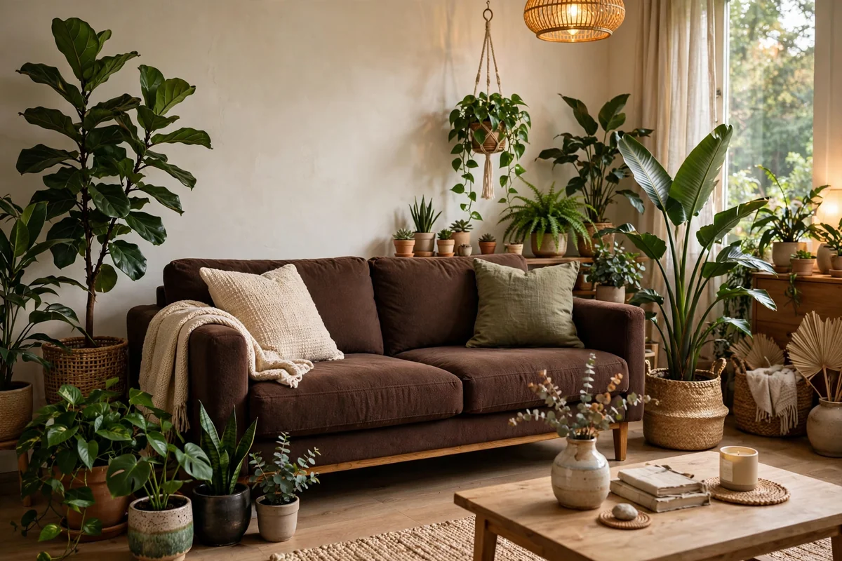 Green plants with chocolate brown couch