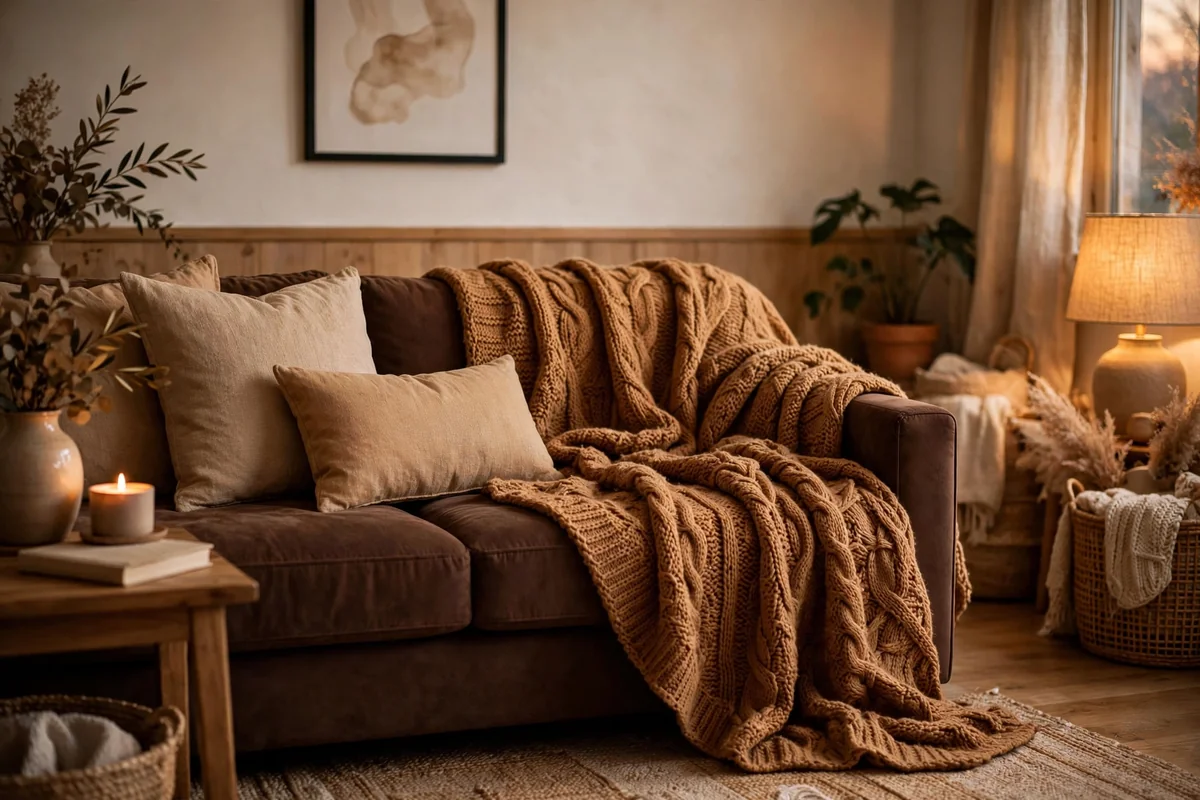 Caramel and tan layers with chocolate brown couch