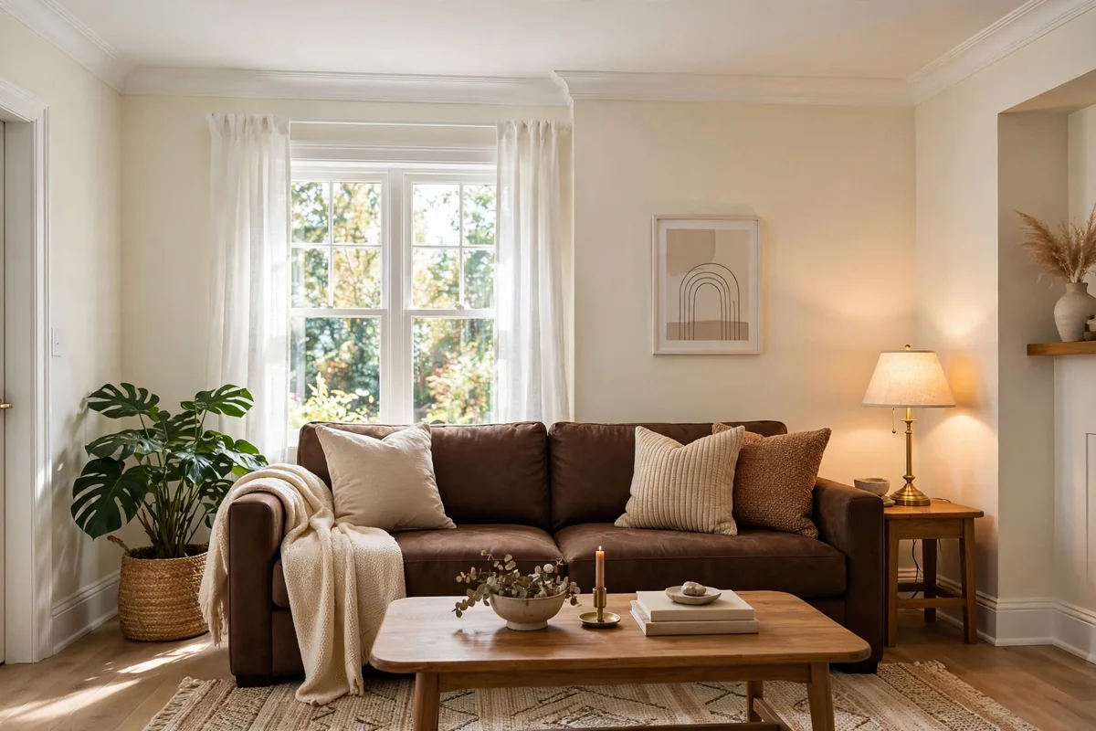 White ceilings and trim with chocolate brown couch