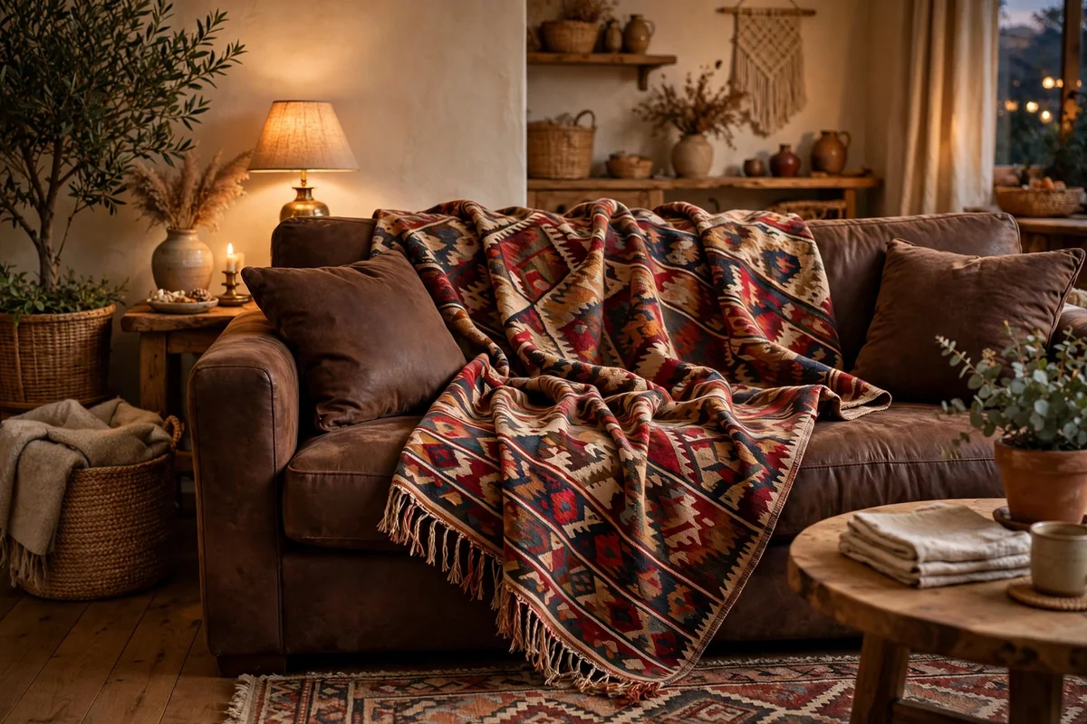 Patterned throw blankets on chocolate brown couch