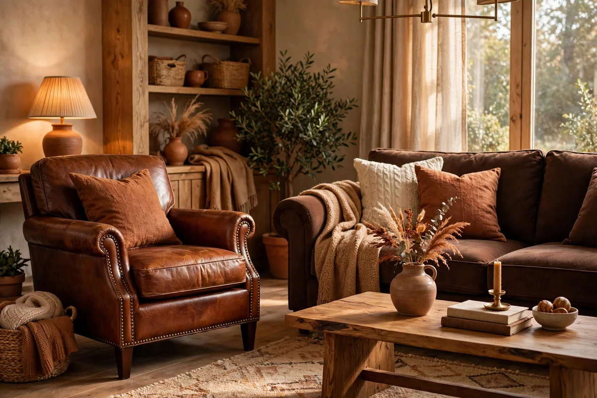 Cognac leather chair beside chocolate brown couch