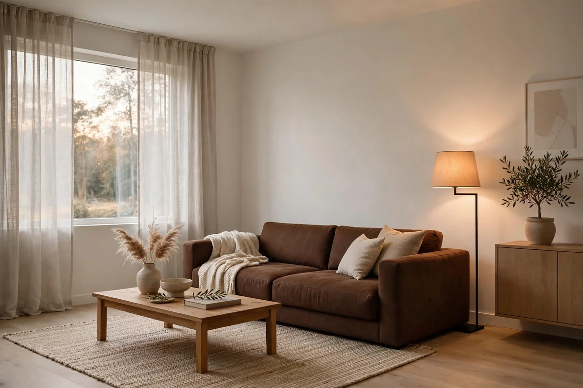 Chocolate brown couch in modern minimalist room