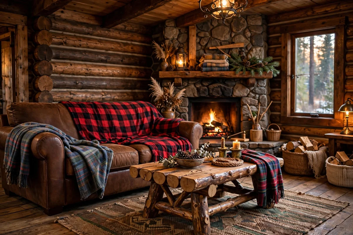 Chocolate brown couch in rustic cabin living room