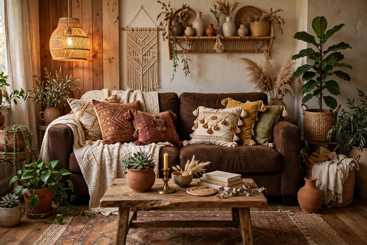 Bohemian textiles with chocolate brown couch