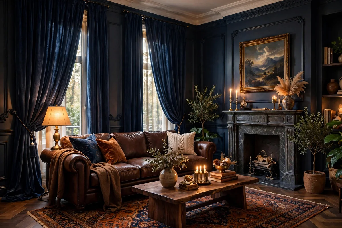 Navy and chocolate brown living room
