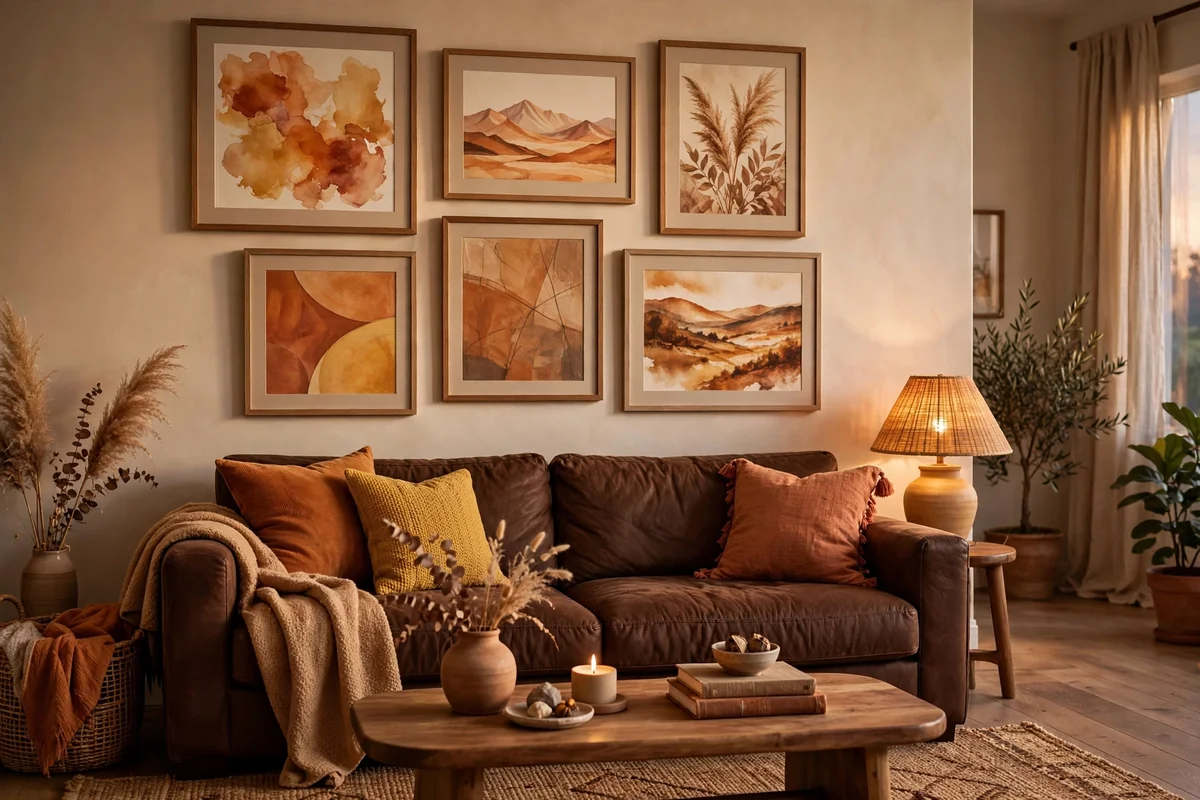 Gallery wall above chocolate brown couch