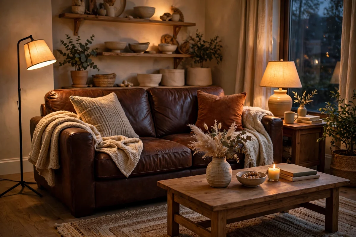 Warm layered lighting with chocolate brown couch