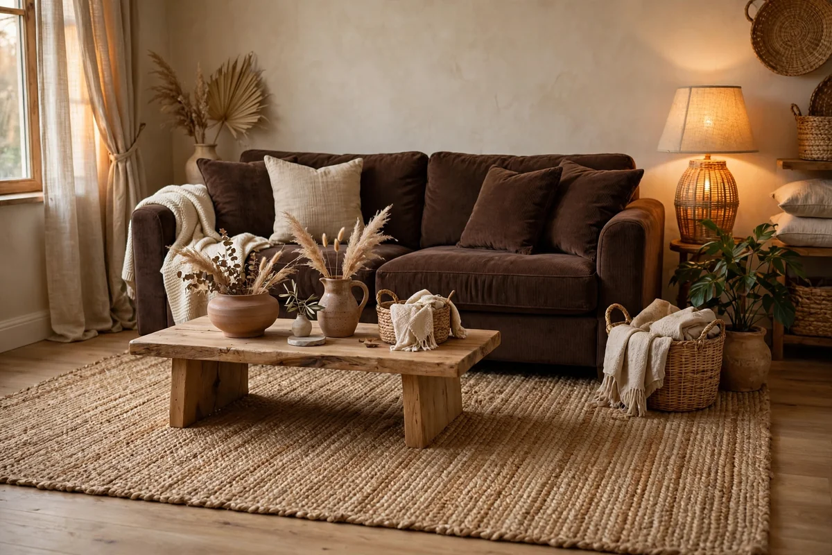 Jute rug under chocolate brown couch