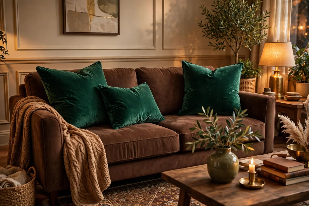 Velvet pillows on chocolate brown couch