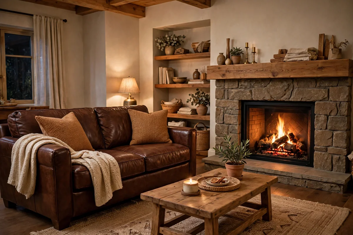 Chocolate brown couch with fireplace