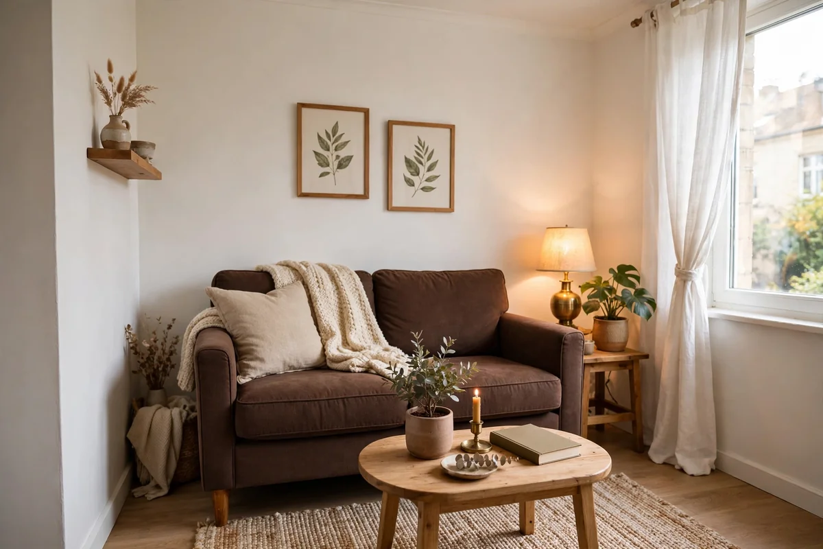 Chocolate brown couch in a small living room