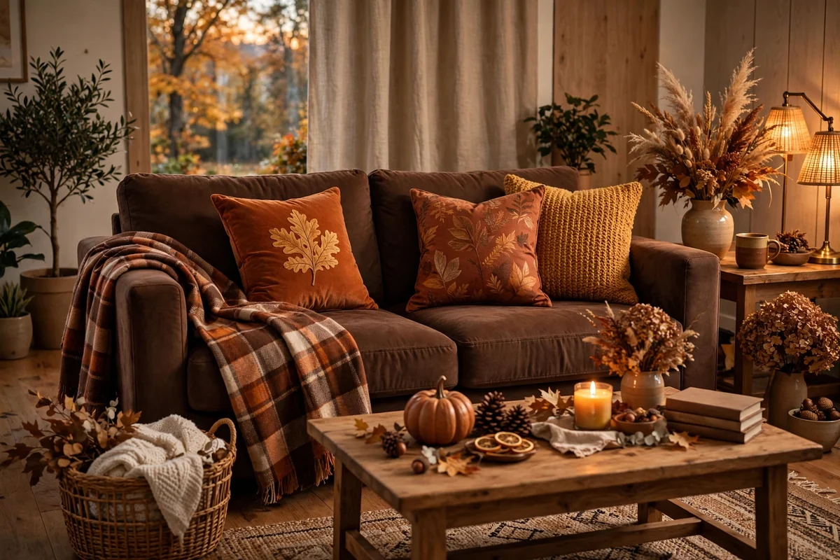 Seasonal styling with chocolate brown couch