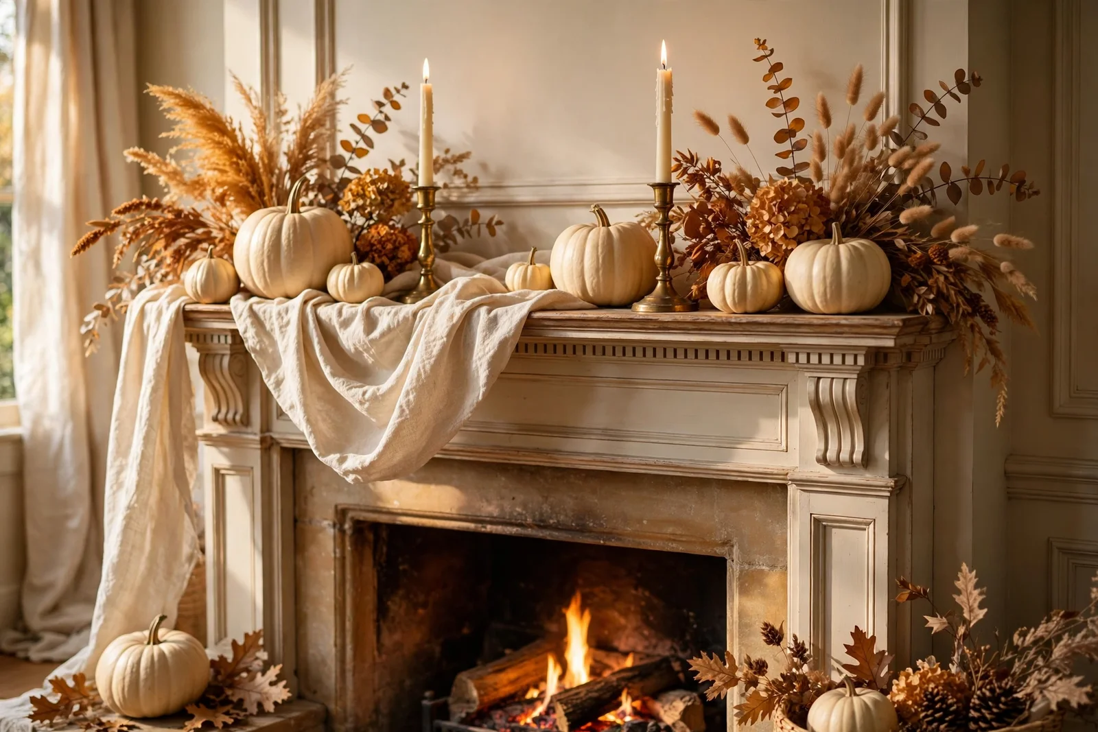 Elegant mantel styled with cream pumpkins, brass candlesticks and dried autumn flowers
