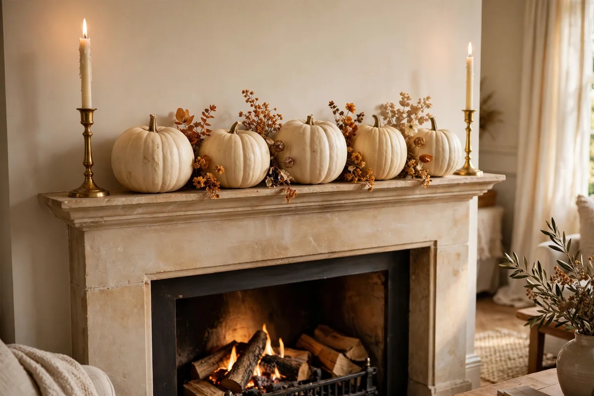 Mantel styled with cream pumpkins and paired brass candlesticks