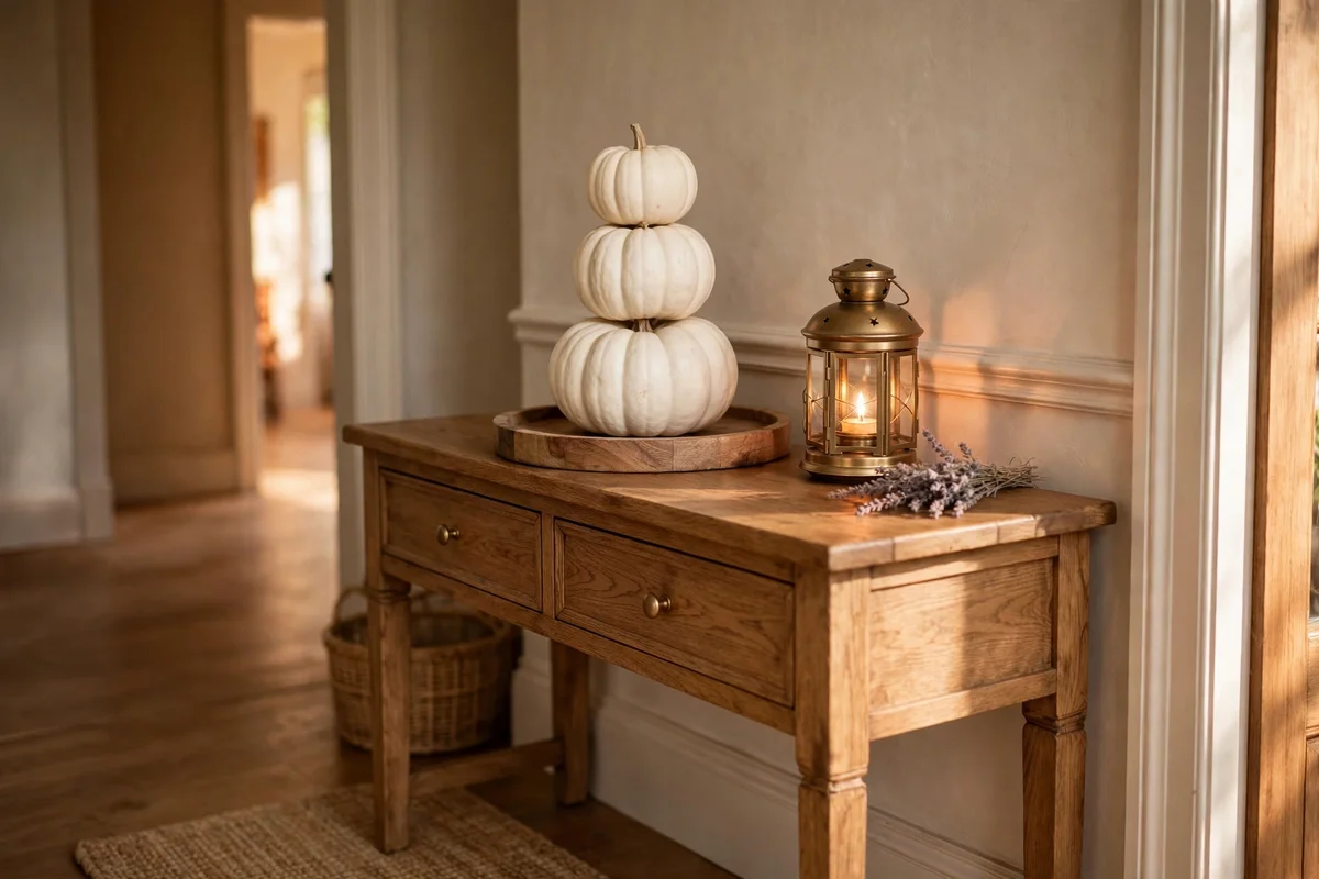 White pumpkin tower stacked on a tray beside an entry console